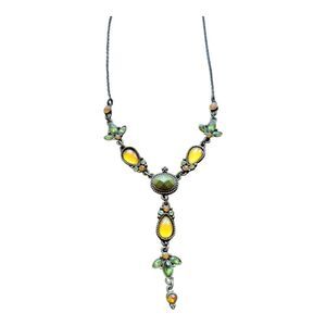 🤑 3 for $20 - Antique Style Green & Amber Stone Y Necklace